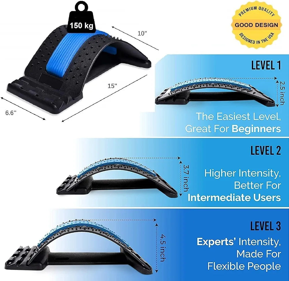 Product Back Stretcher Multi-Level Lumbar Region Back Support for Lower & Upper Muscle Pain Relief Spinal Curve Back Relaxation Device for Bed Chair & Car, Plastic
