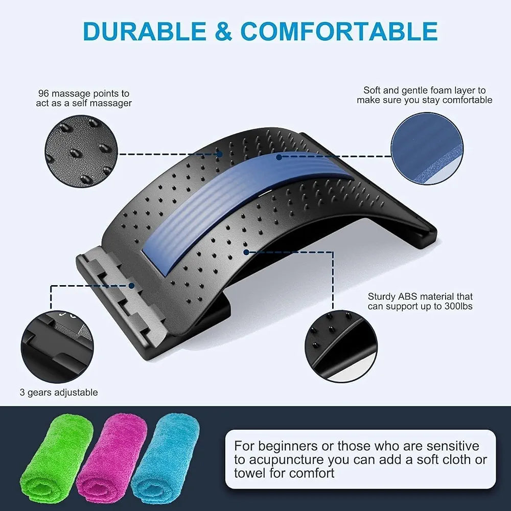 Product Back Stretcher Multi-Level Lumbar Region Back Support for Lower & Upper Muscle Pain Relief Spinal Curve Back Relaxation Device for Bed Chair & Car, Plastic